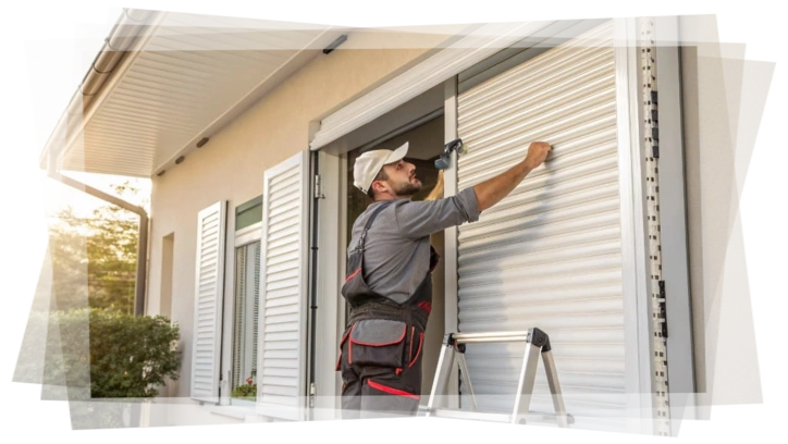 Técnico reparando cortina de enrollar en fachada residencial, destacando servicio profesional, rapidez y soluciones sin albañilería en Montevideo